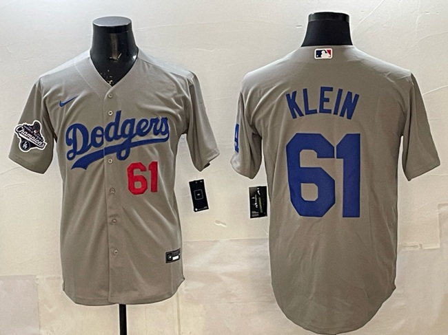Men's Grey Los Angeles Dodgers #61 Will Klein 2025 World Series Champions Patch Cool Base Stitched Baseball Jersey
